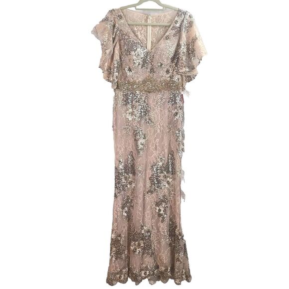 MAC DUGGAL 67842 Taupe Beaded Embroidered Lace Bell Sleeve Gown Womens (12) $698 - Picture 4 of 16